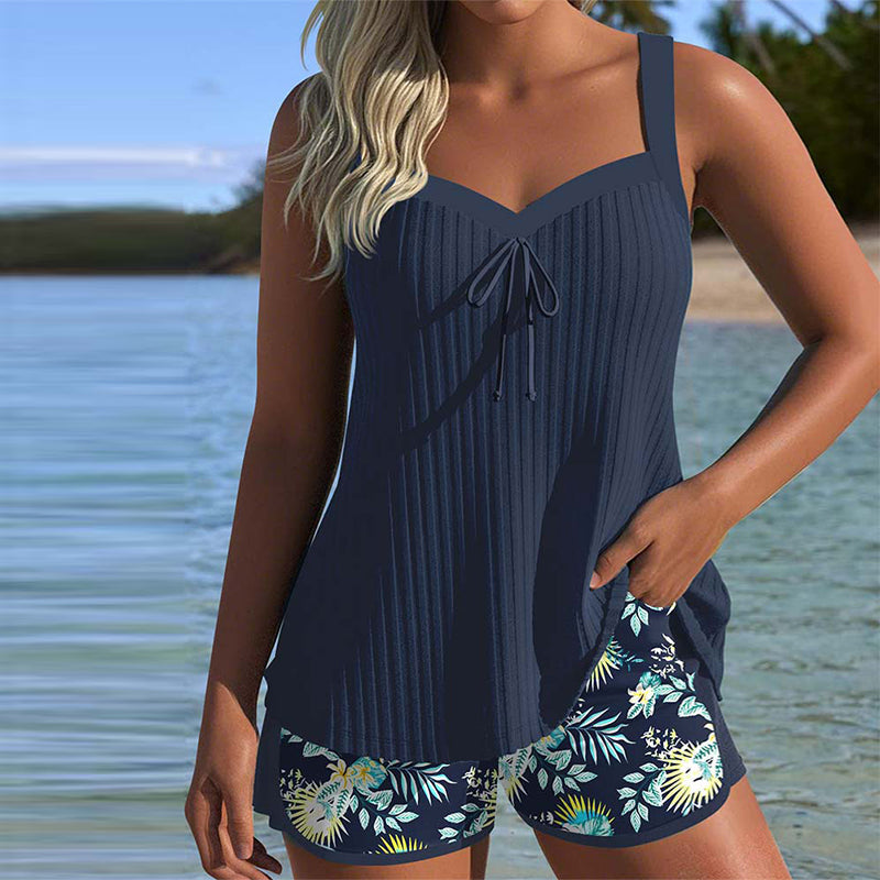 Solea | Damen kurz gestreifter Tankini mit drahtfreiem BH