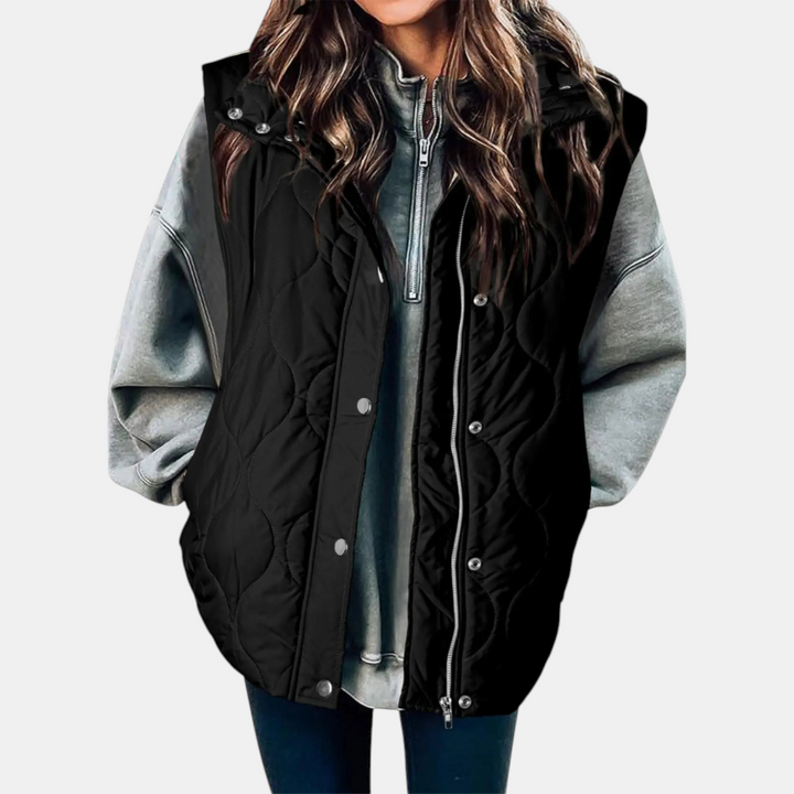 Gilet da donna con bottoni e tasche, con cappuccio