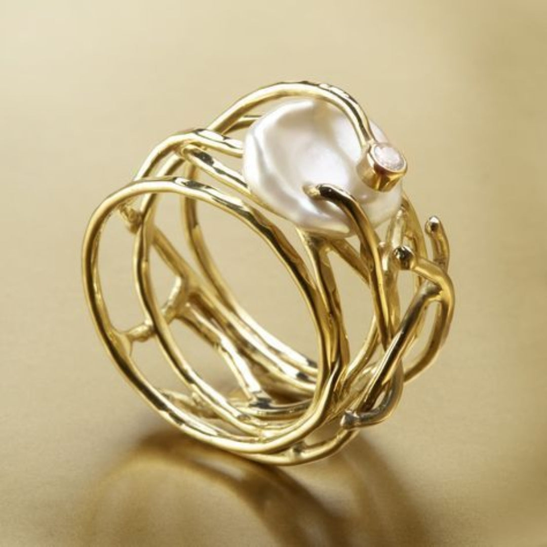 Nuria - Dünner Goldring mit Perlen