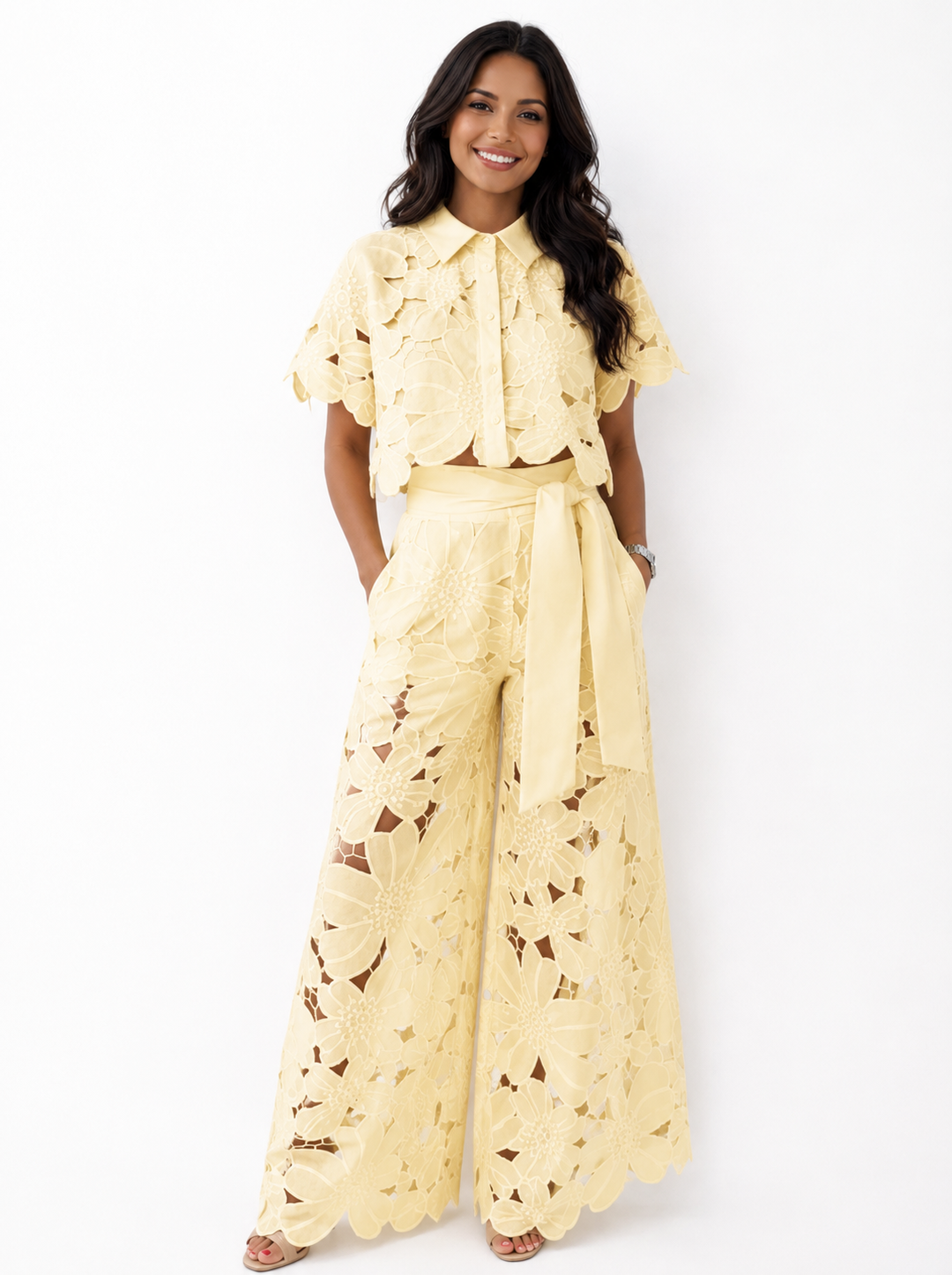 Damen Floral Spitze Zweiteiliges Set mit Gebundenem Bund
