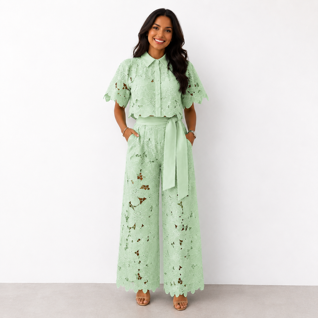 Damen Floral Spitze Zweiteiliges Set mit Gebundenem Bund