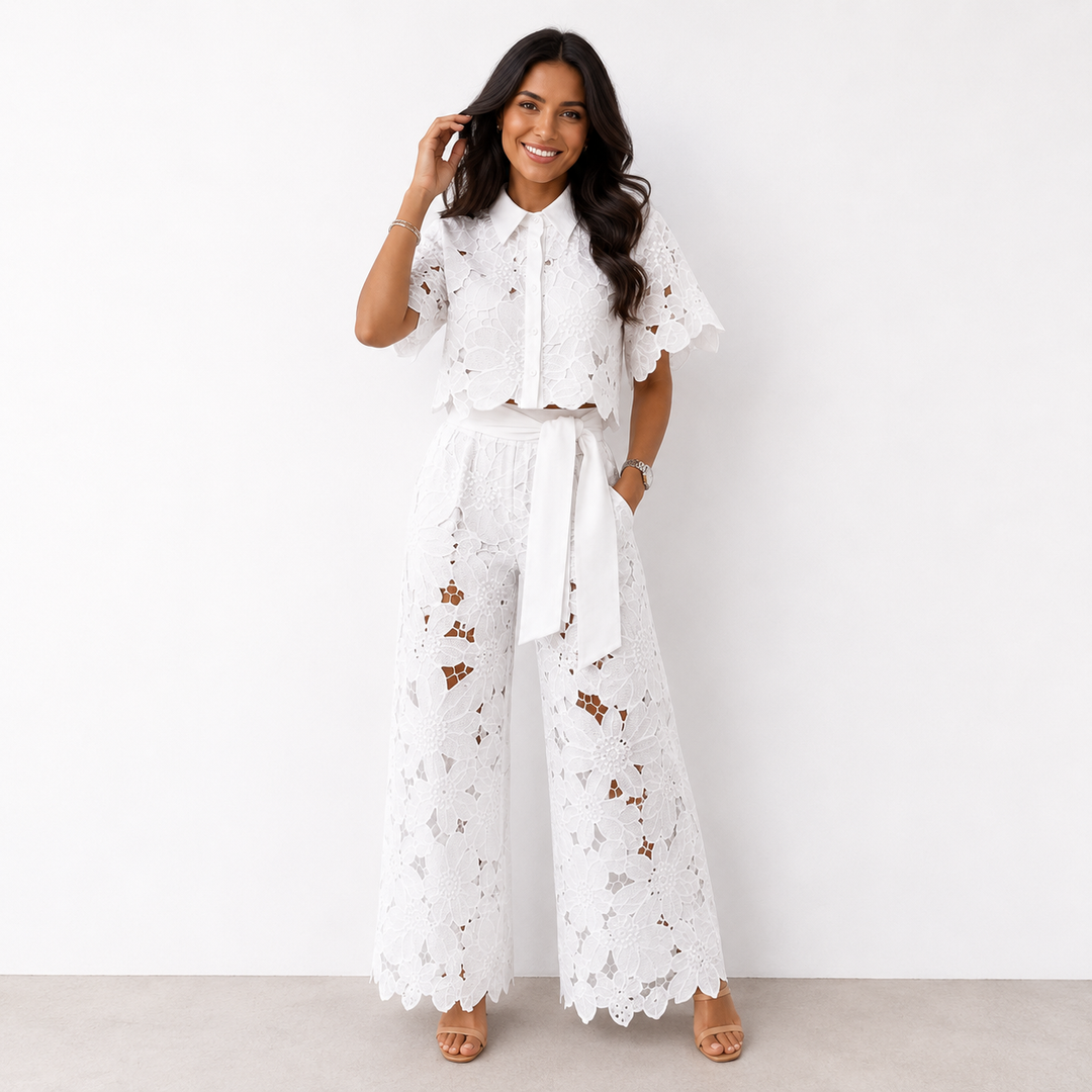 Damen Floral Spitze Zweiteiliges Set mit Gebundenem Bund