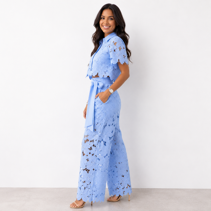 Damen Floral Spitze Zweiteiliges Set mit Gebundenem Bund