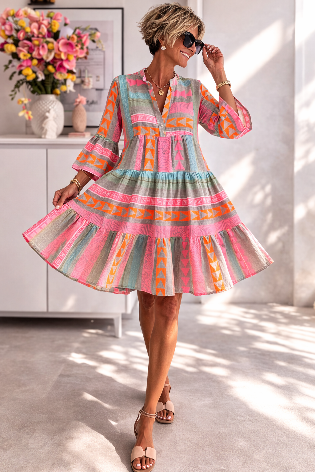Elena | Gemustertes Fließendes Midi-Kleid