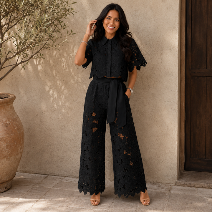 Damen Floral Spitze Zweiteiliges Set mit Gebundenem Bund