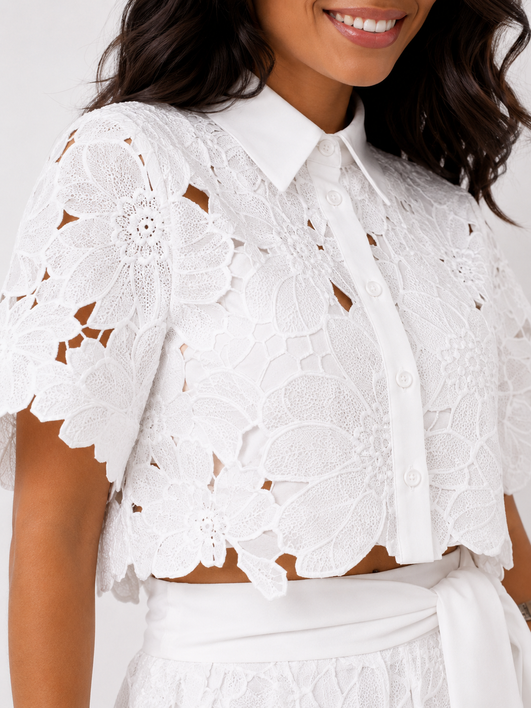 Damen Floral Spitze Zweiteiliges Set mit Gebundenem Bund