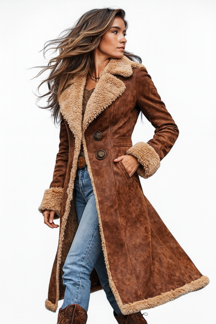 Retro-Stil Lange Jacke mit Kunstfell-Akzenten