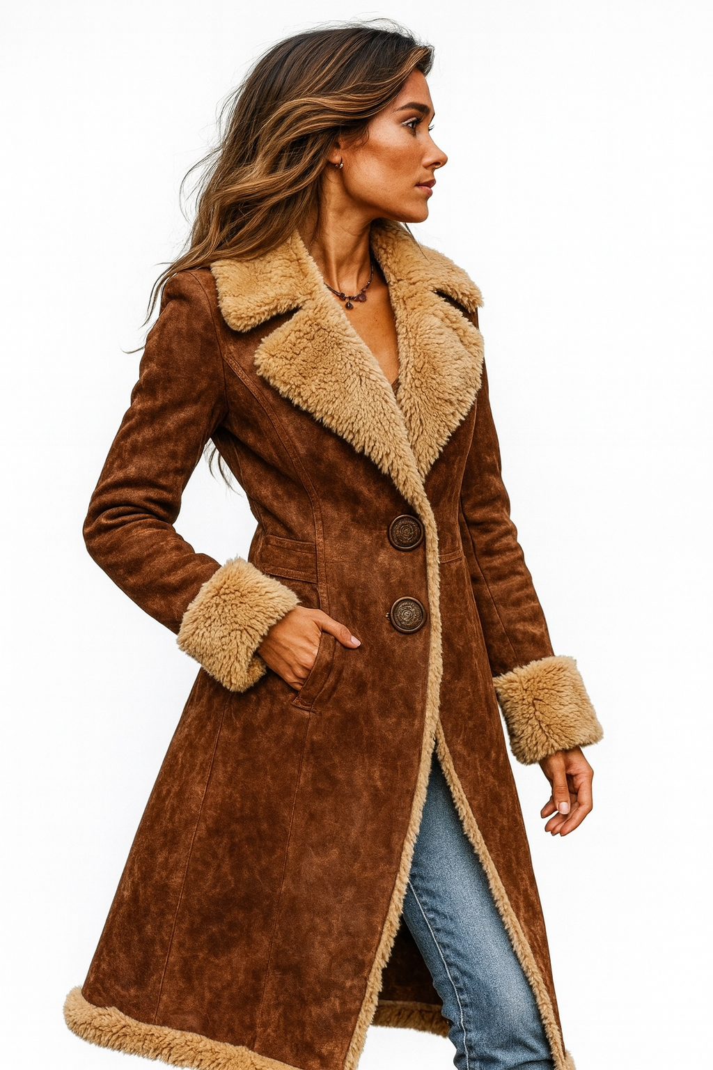 Retro-Stil Lange Jacke mit Kunstfell-Akzenten