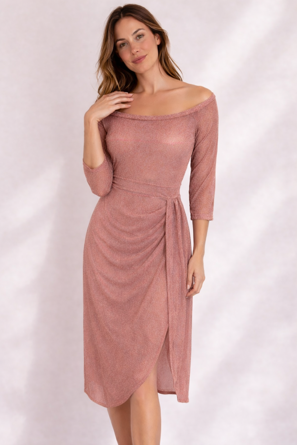 Damen Off-Shoulder Wickelkleid mit 3/4 Ärmeln