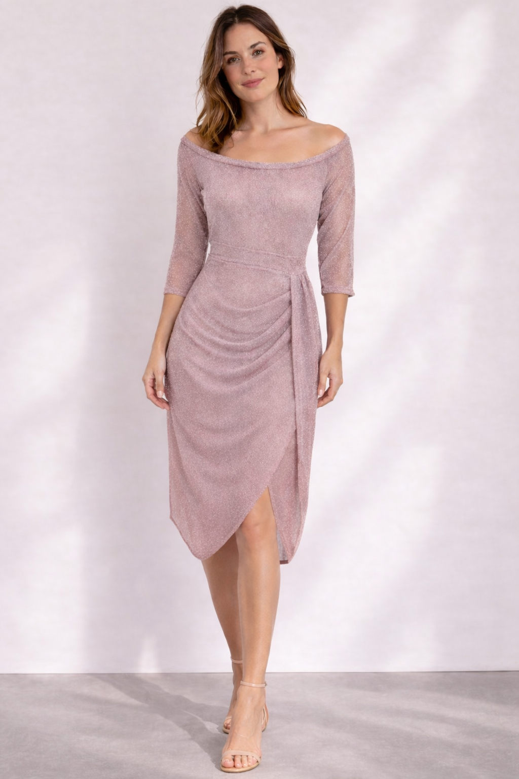 Damen Off-Shoulder Wickelkleid mit 3/4 Ärmeln