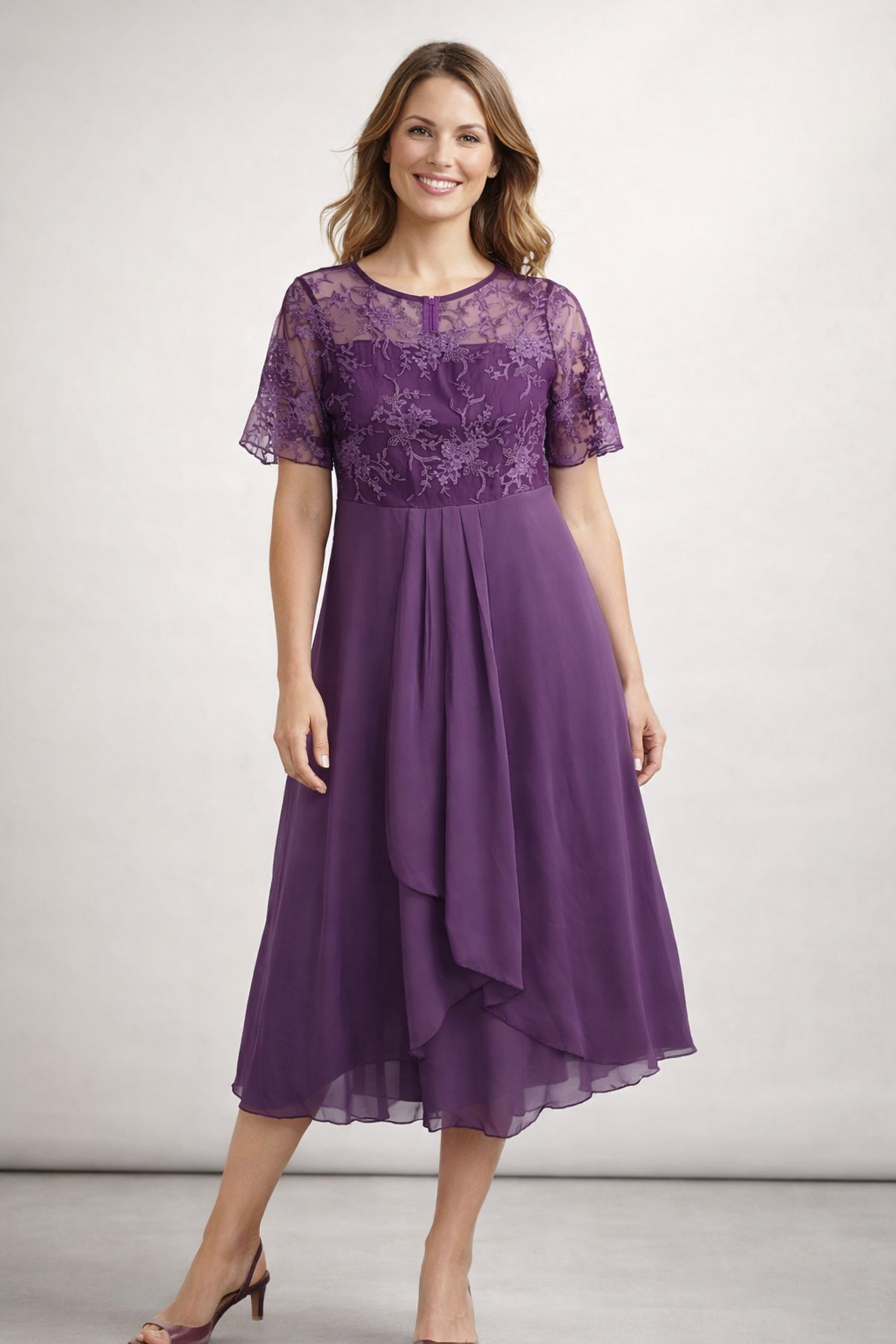 Damen Midi Kleid mit floralem Spitzenoberteil und kurzen Ärmeln