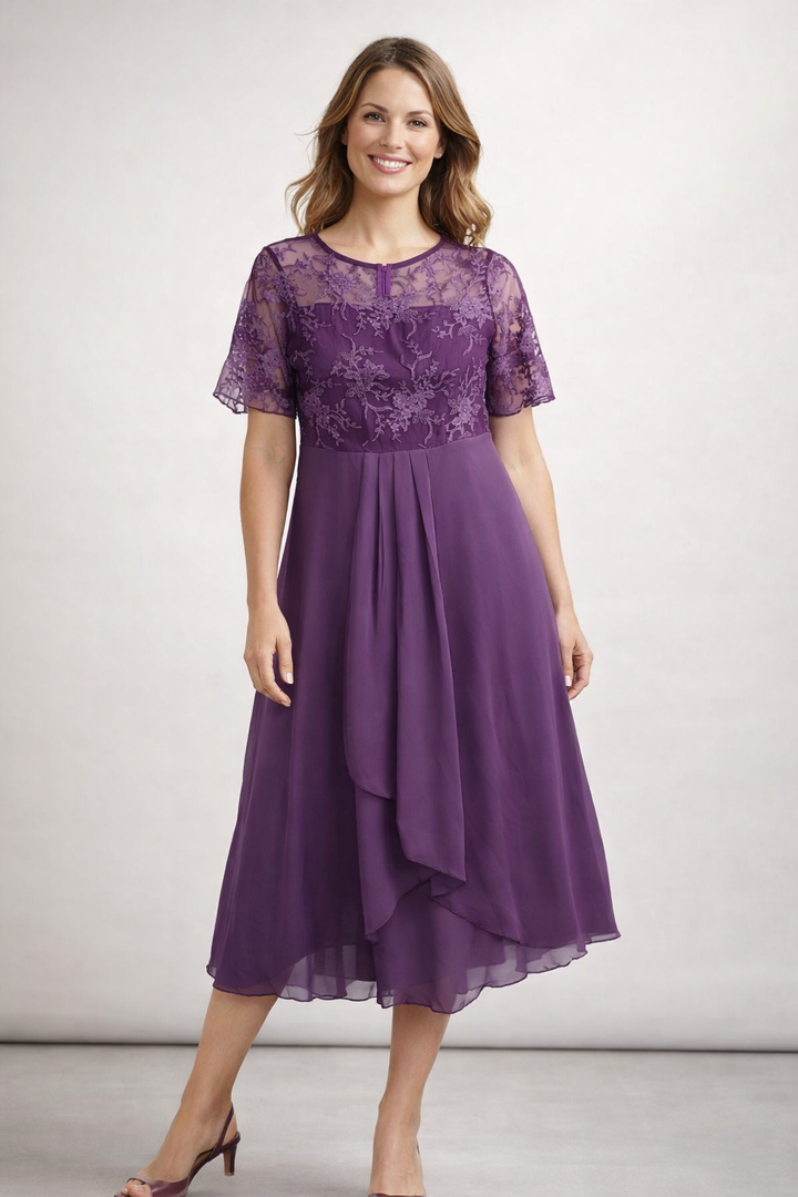 Damen Midi Kleid mit floralem Spitzenoberteil und kurzen Ärmeln