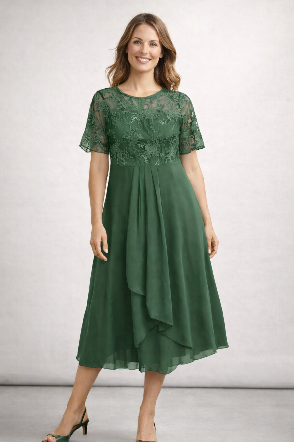 Damen Midi Kleid mit floralem Spitzenoberteil und kurzen Ärmeln