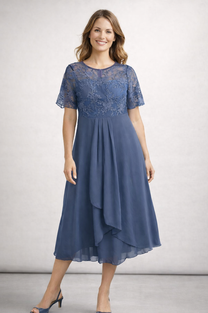 Damen Midi Kleid mit floralem Spitzenoberteil und kurzen Ärmeln