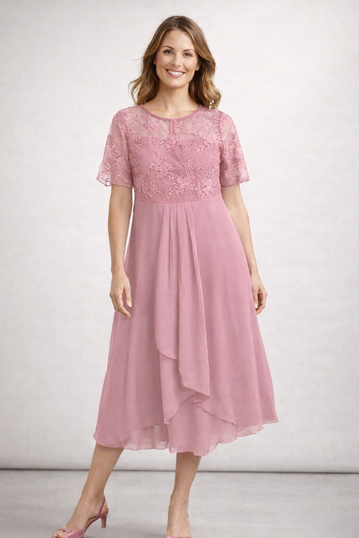 Damen Midi Kleid mit floralem Spitzenoberteil und kurzen Ärmeln