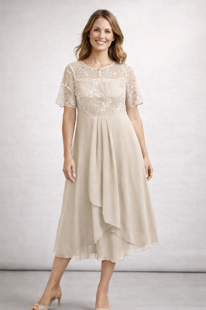 Damen Midi Kleid mit floralem Spitzenoberteil und kurzen Ärmeln