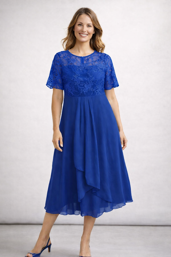 Damen Midi Kleid mit floralem Spitzenoberteil und kurzen Ärmeln