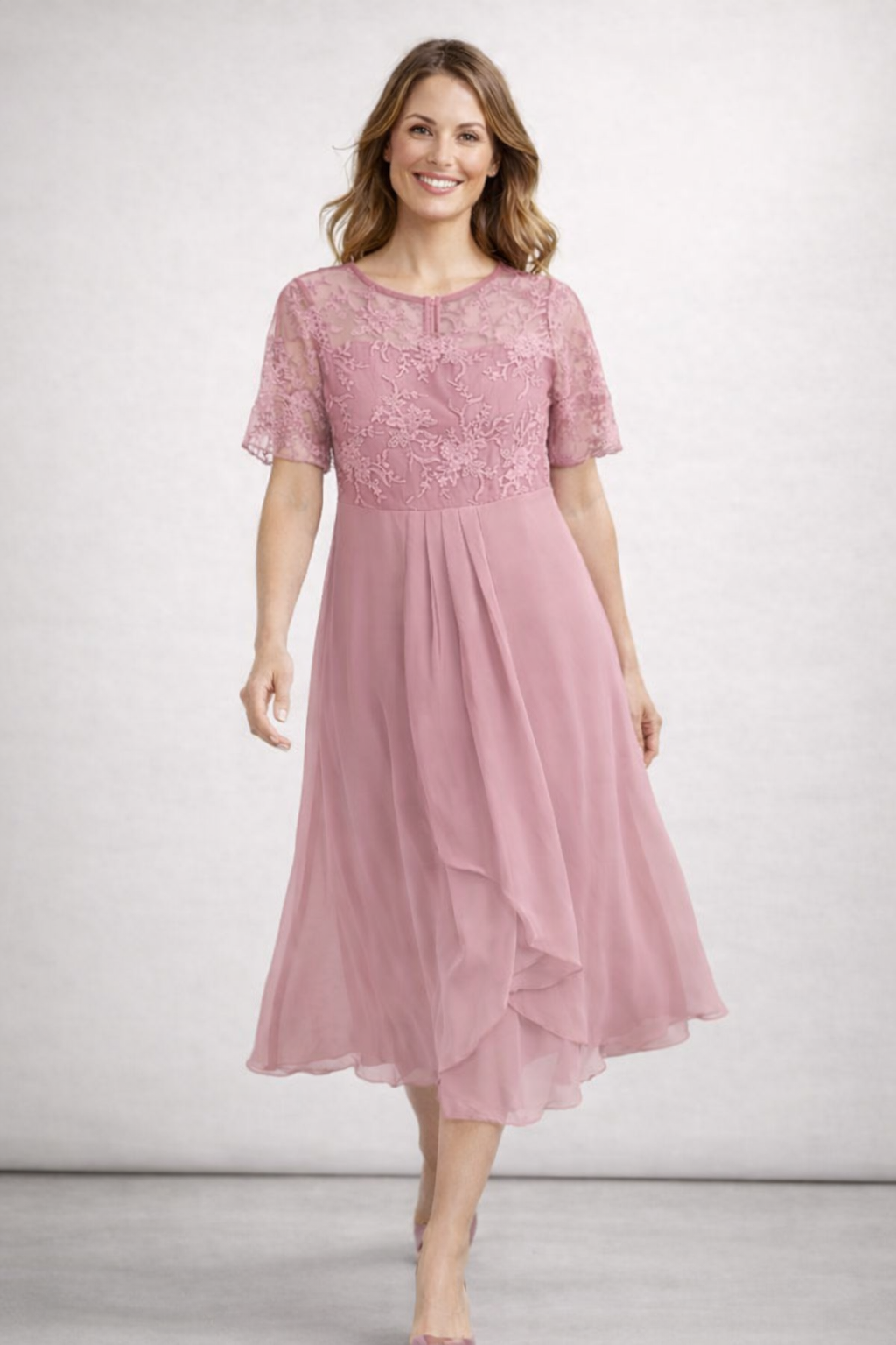 Damen Midi Kleid mit floralem Spitzenoberteil und kurzen Ärmeln
