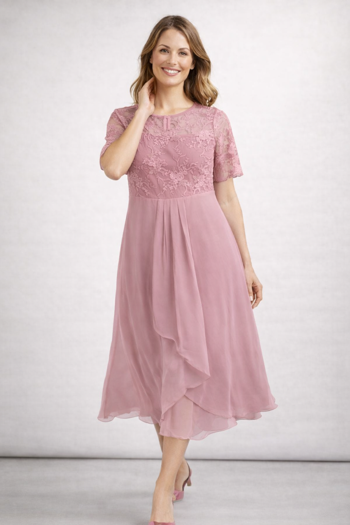 Damen Midi Kleid mit floralem Spitzenoberteil und kurzen Ärmeln