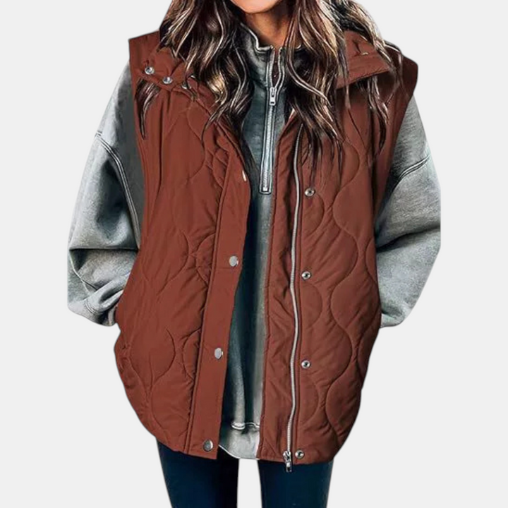 Gilet da donna con bottoni e tasche, con cappuccio