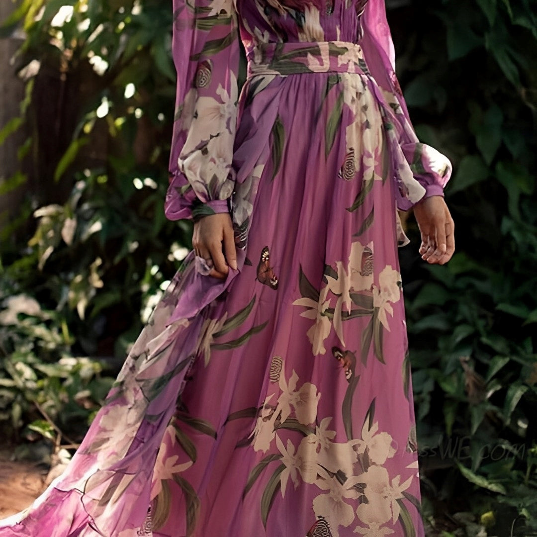 Sancha | Damen Maxi Blumenkleid mit V-Ausschnitt und langen Ärmeln