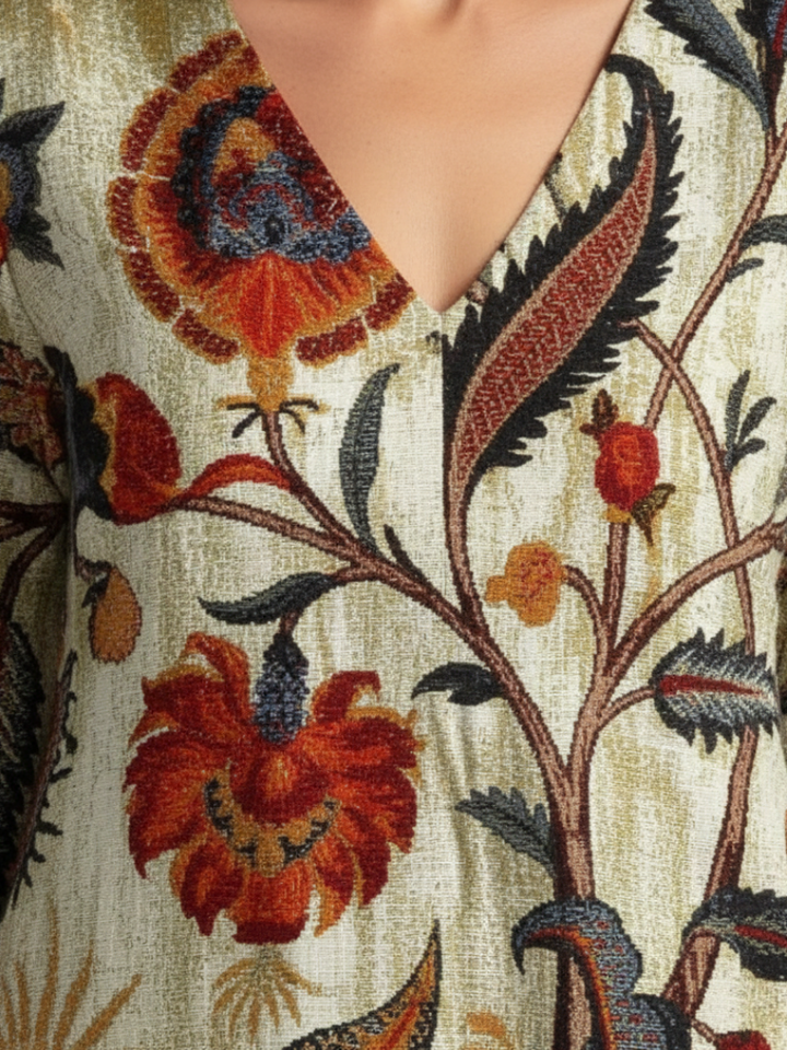 Corisande | V-Ausschnitt Langarm Blumenkleid Midi