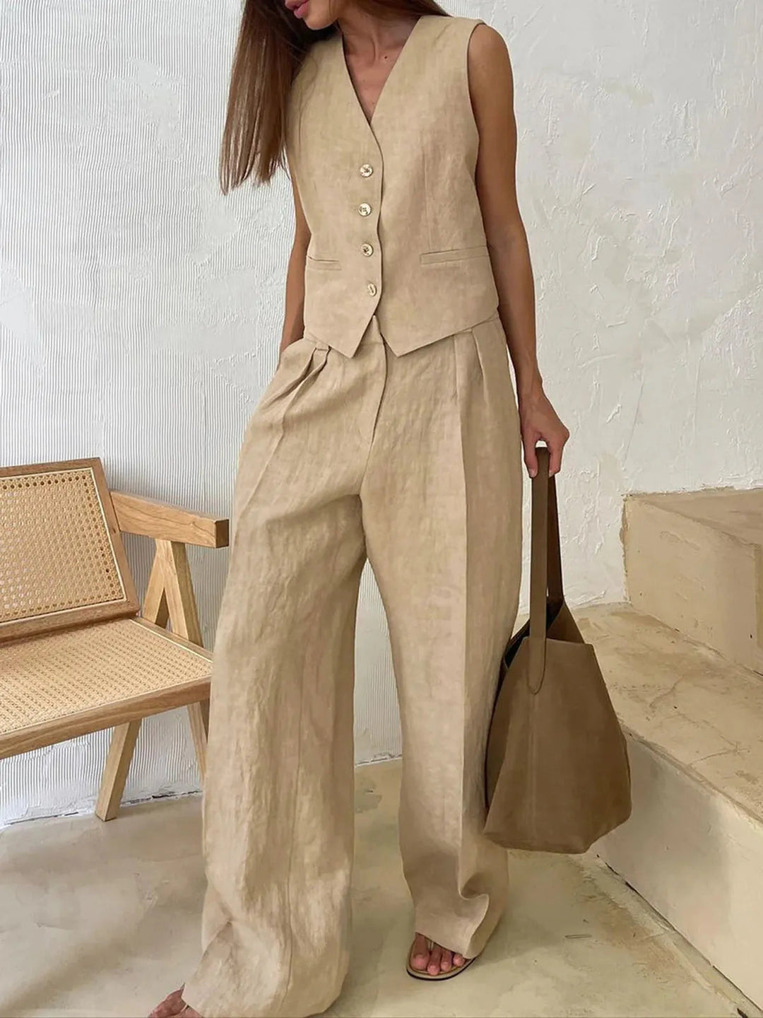 Damen Set mit weitem Bein, Knöpfen und Taschen