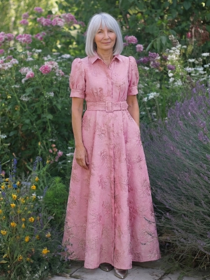 Xanthea | Kurzärmeliges, tailliertes, blumenstrukturiertes Maxikleid