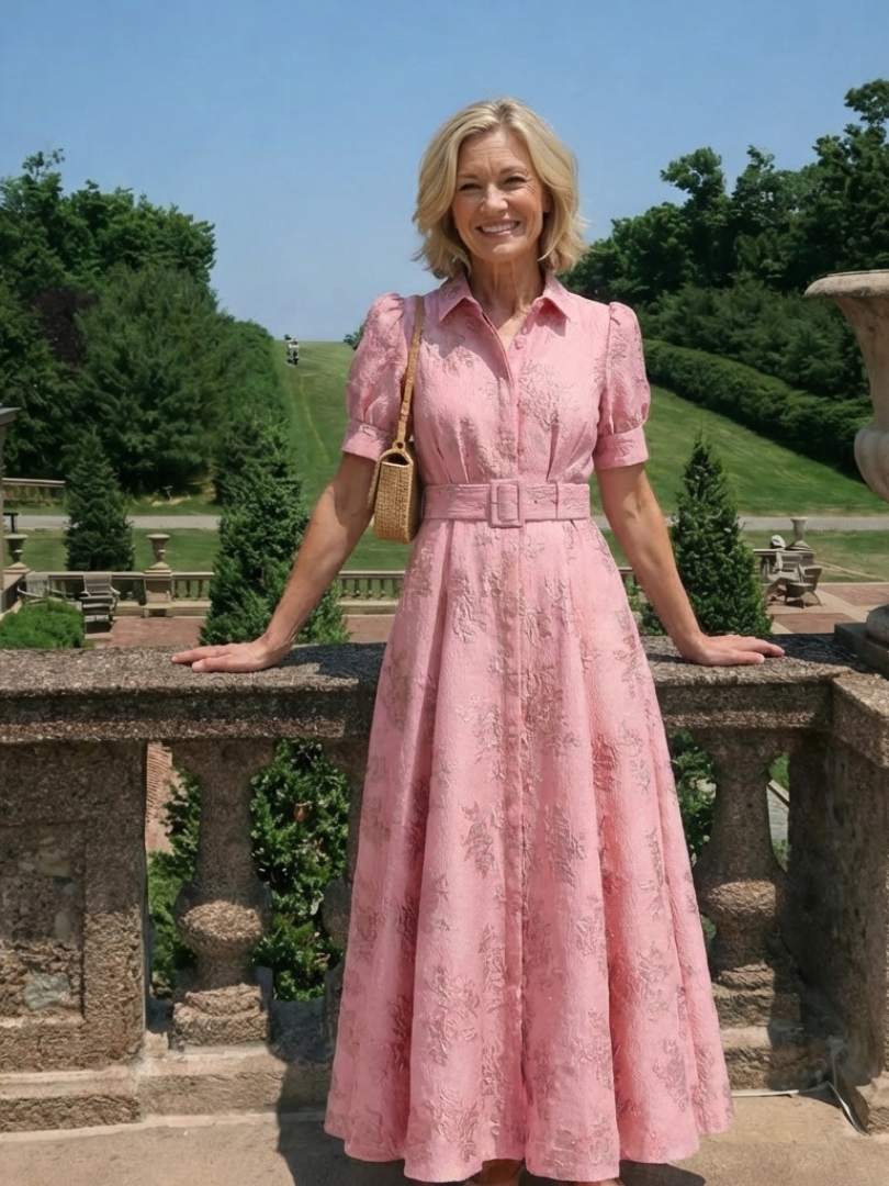 Xanthea | Kurzärmeliges, tailliertes, blumenstrukturiertes Maxikleid