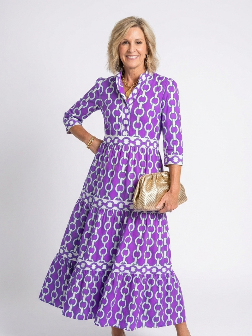 Ysolde | Midi-Kleid mit Dreiviertelärmeln und Kettenmuster