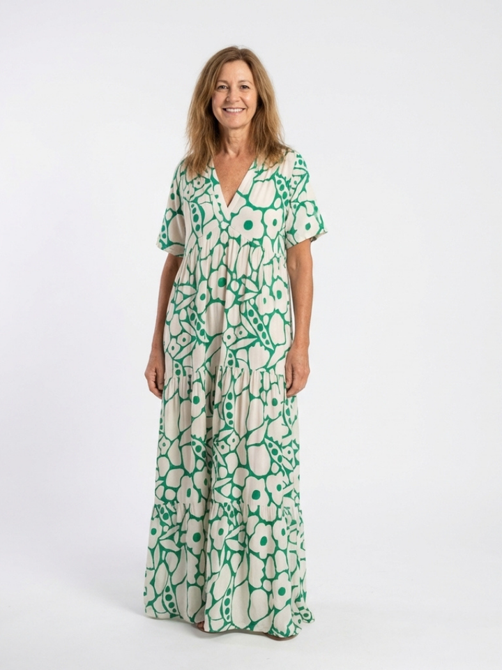 Zuleika | Kurzärmliges V-Ausschnitt Blumen-Midi-Kleid
