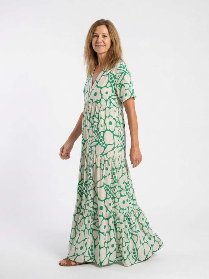 Zuleika | Kurzärmliges V-Ausschnitt Blumen-Midi-Kleid