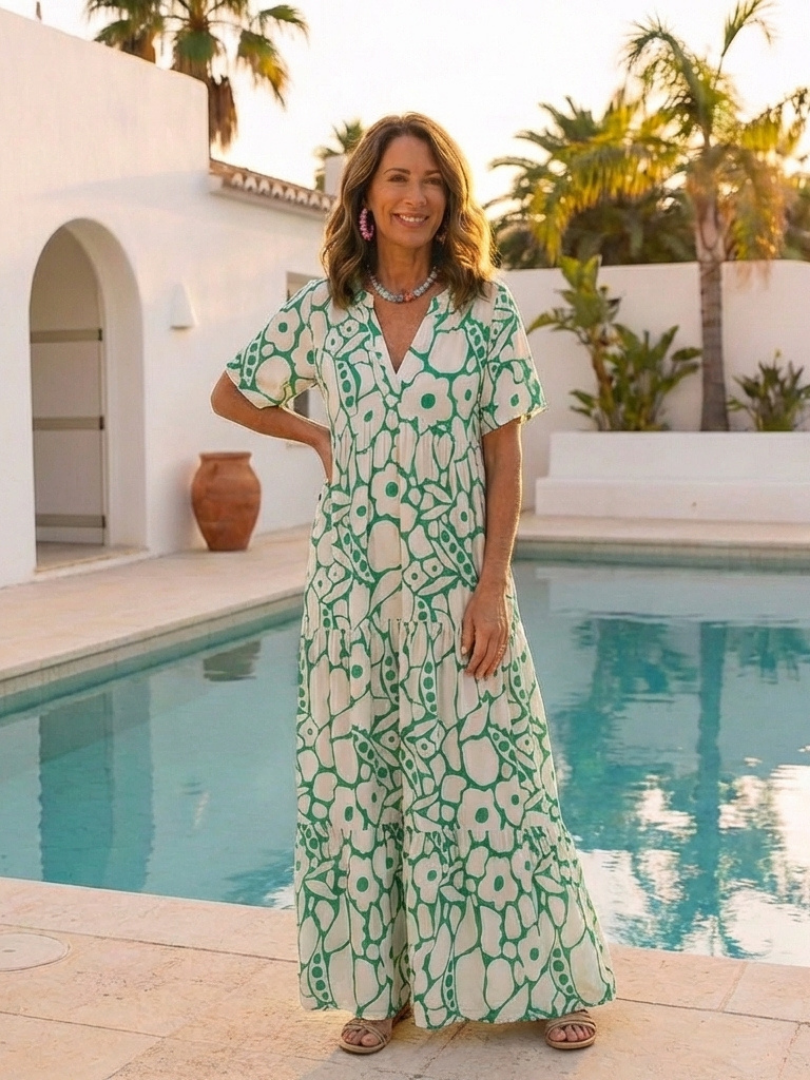 Zuleika | Kurzärmliges V-Ausschnitt Blumen-Midi-Kleid