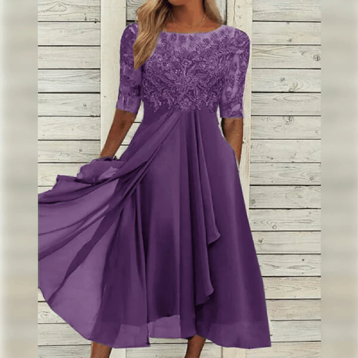 Damen Rundhals-Spitzen-Midi-Kleid mit Taschen