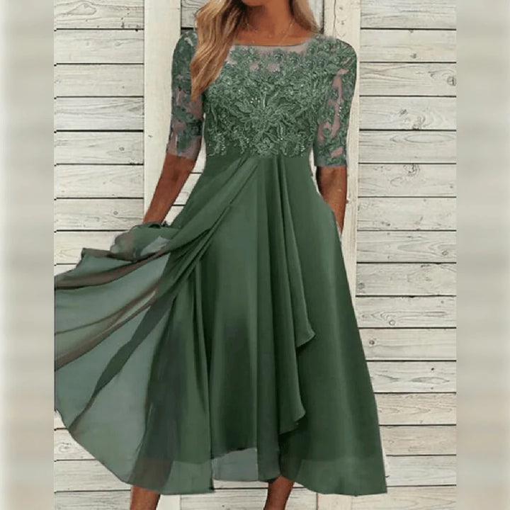 Damen Rundhals-Spitzen-Midi-Kleid mit Taschen