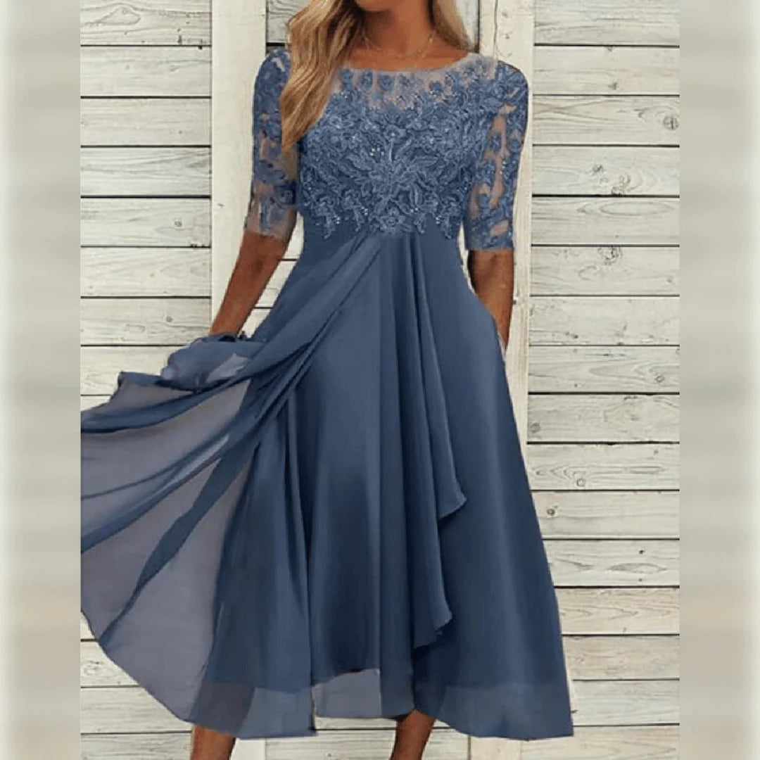 Damen Rundhals-Spitzen-Midi-Kleid mit Taschen