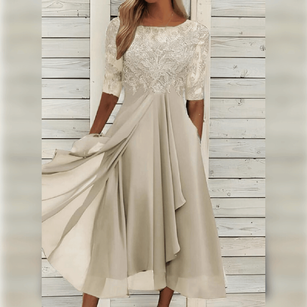 Damen Rundhals-Spitzen-Midi-Kleid mit Taschen
