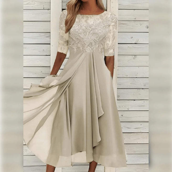 Damen Rundhals-Spitzen-Midi-Kleid mit Taschen