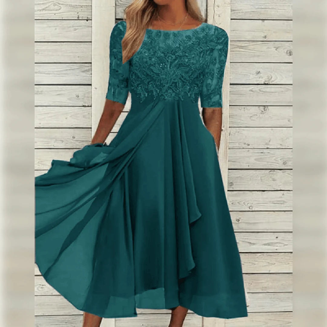 Damen Rundhals-Spitzen-Midi-Kleid mit Taschen