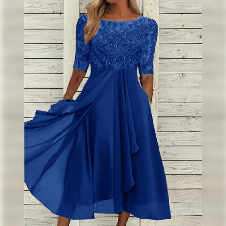 Damen Rundhals-Spitzen-Midi-Kleid mit Taschen