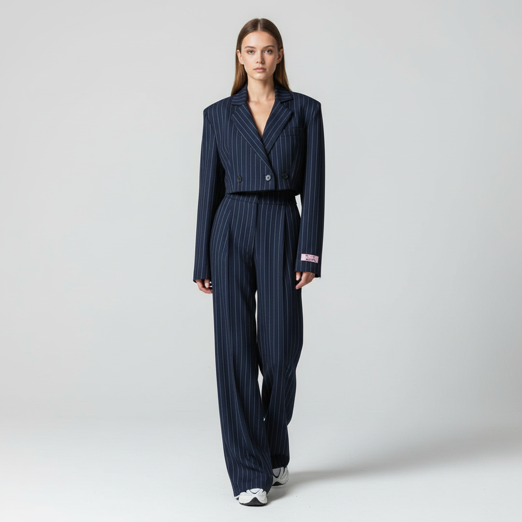 Regina | Damen gestreifter Blazer & weite Hose Set