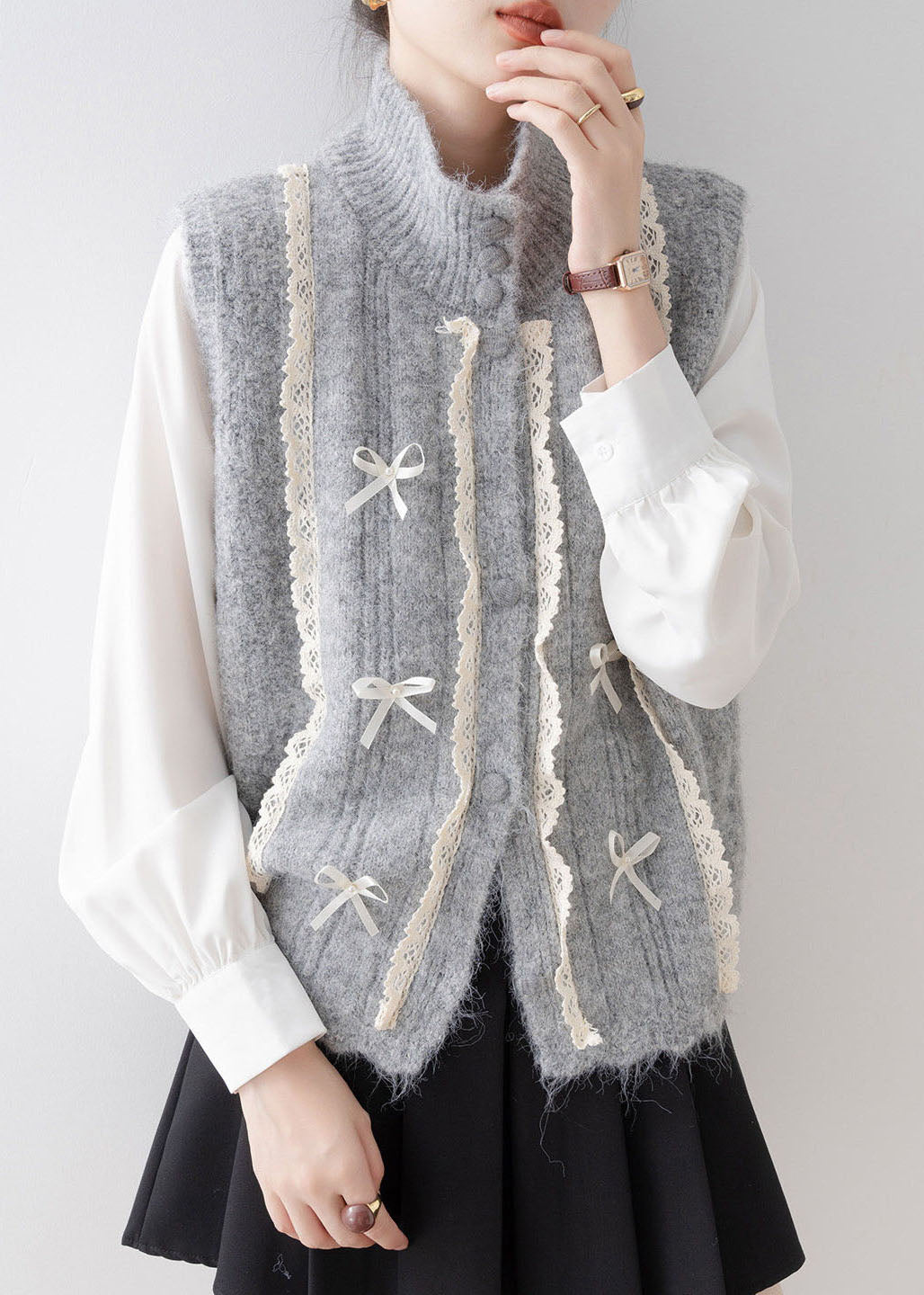 Damen Weste mit Stehkragen und Spitzen-Patchwork