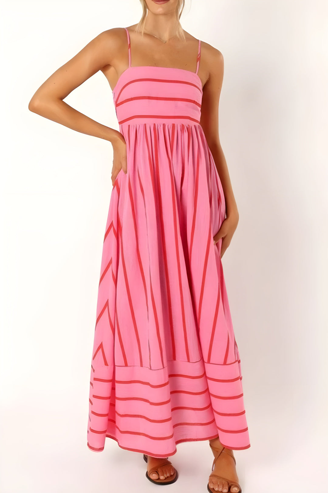 Damen Maxikleid mit quadratischem Ausschnitt und ärmellos gestreift