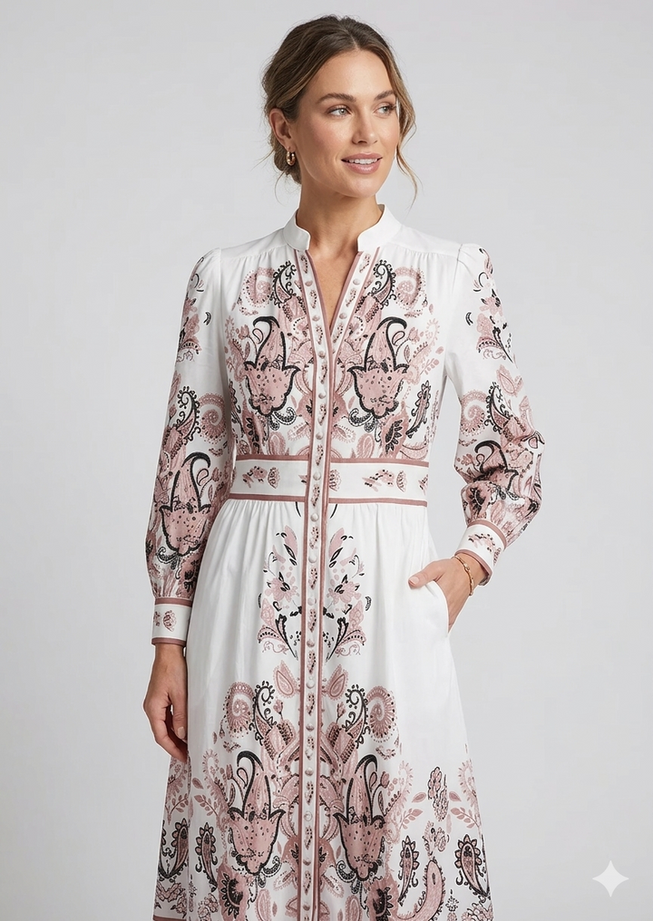 Heidi-inspiriertes florales Maxikleid mit V-Ausschnitt und langen Ärmeln für festliche Anlässe