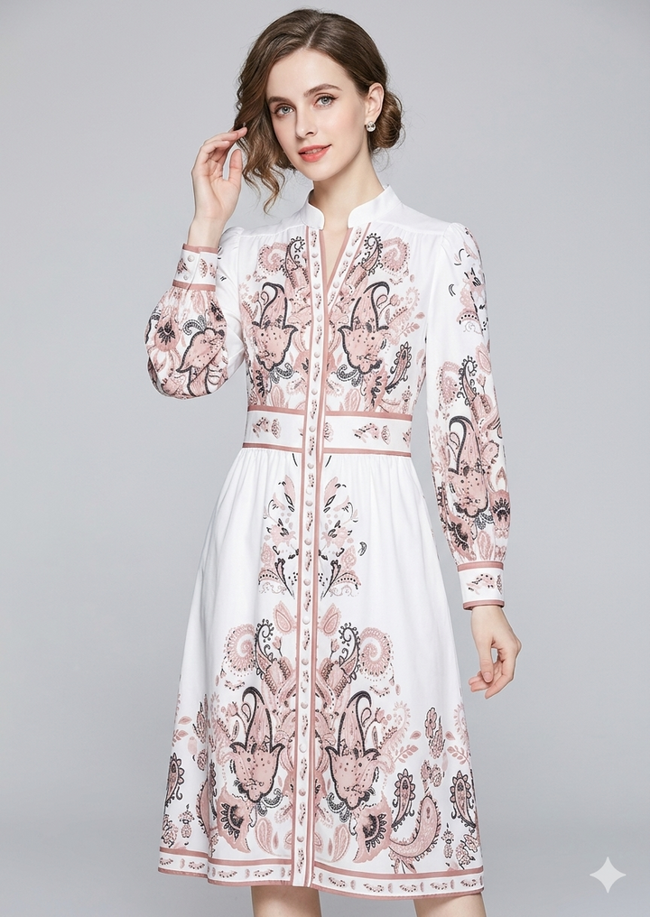 Heidi-inspiriertes florales Maxikleid mit V-Ausschnitt und langen Ärmeln für festliche Anlässe
