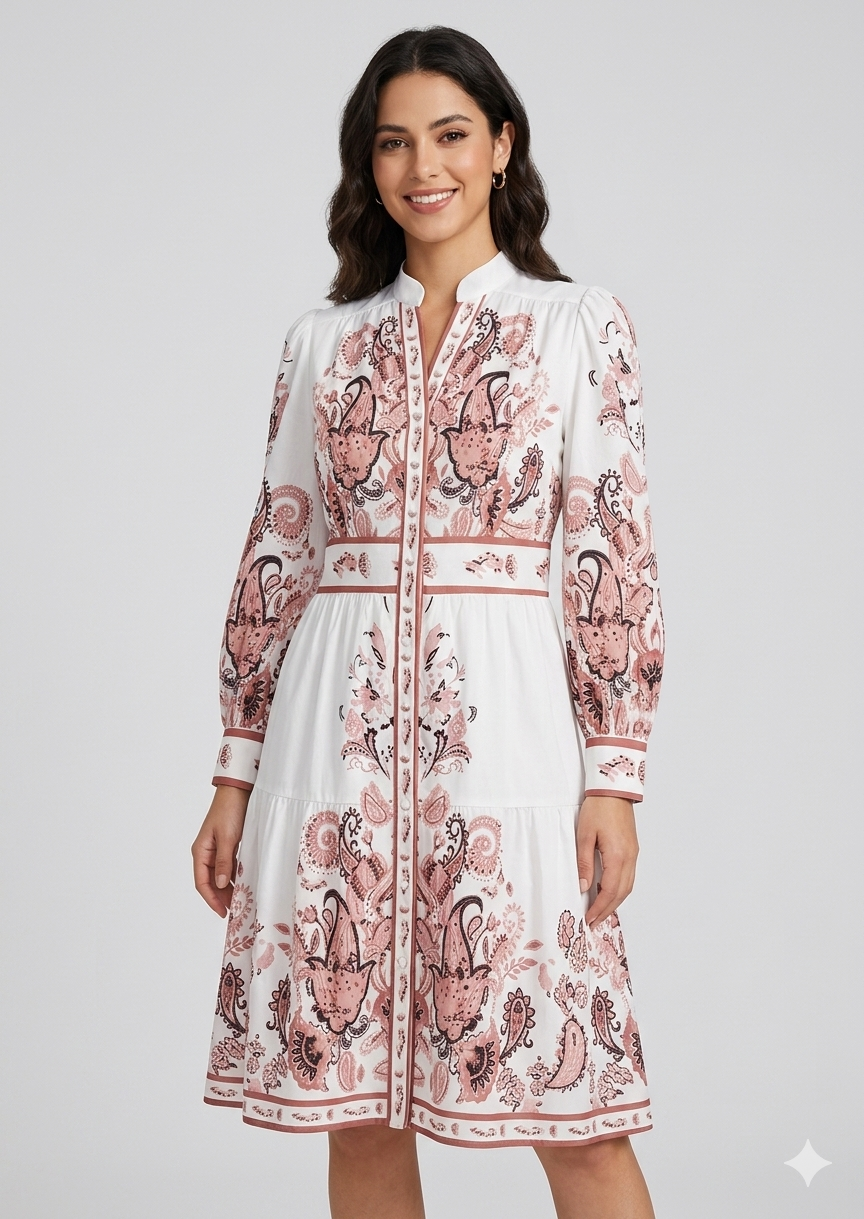 Heidi-inspiriertes florales Maxikleid mit V-Ausschnitt und langen Ärmeln für festliche Anlässe