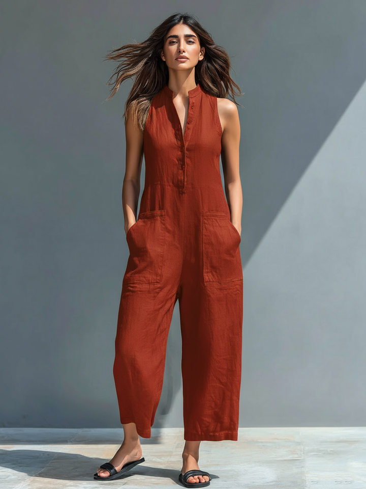 Minimalistischer Damen-Jumpsuit mit Stehkragen, Knopfleiste und lässiger, lockerer Passform