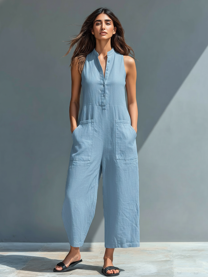 Minimalistischer Damen-Jumpsuit mit Stehkragen, Knopfleiste und lässiger, lockerer Passform