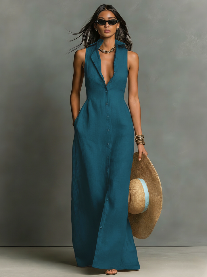 Minimalistisches, kragenloses, einreihiges, ärmelloses Maxi-Hemdkleid für Damen