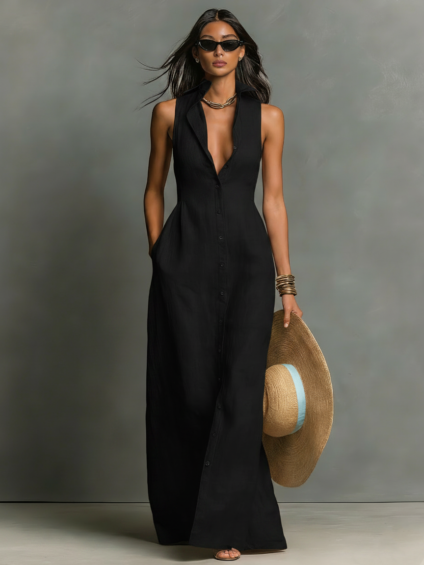 Minimalistisches, kragenloses, einreihiges, ärmelloses Maxi-Hemdkleid für Damen